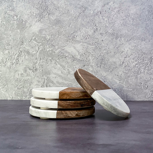 Round Marble & Wood Coasters (Set of 4)